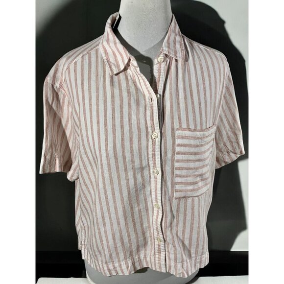 Forever 21 Womens Short Sleeve Peach Cream Striped Button Down Crop Linen Medium - Picture 7 of 9
